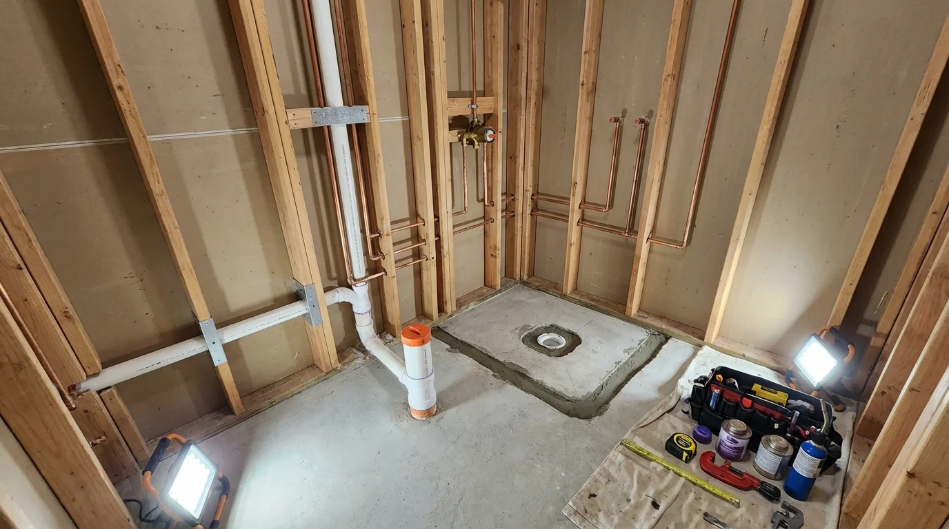 Bathroom rough-in plumbing during remodel by Johns Plumbing LLC in Ravensdale