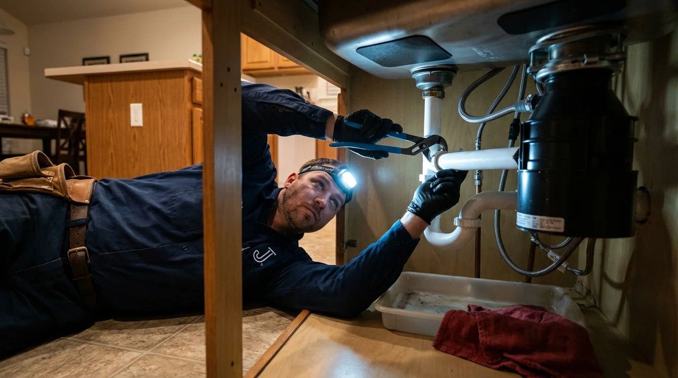 P-trap and supply line connections under a kitchen sink showing a common leak point in Ravensdale, WA